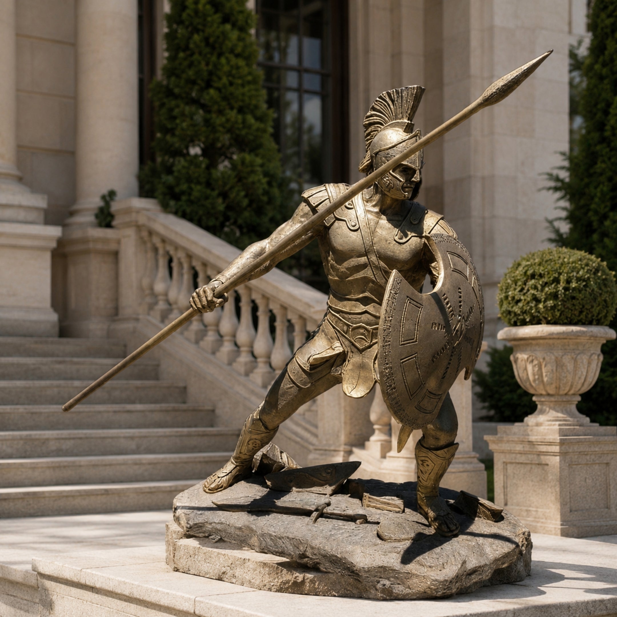 Life-Size Classical Ancient Warrior Bronze Statue by Giant Sculptures in polished gold finish, lunging with spear and shield on a stone base outside a columned building.