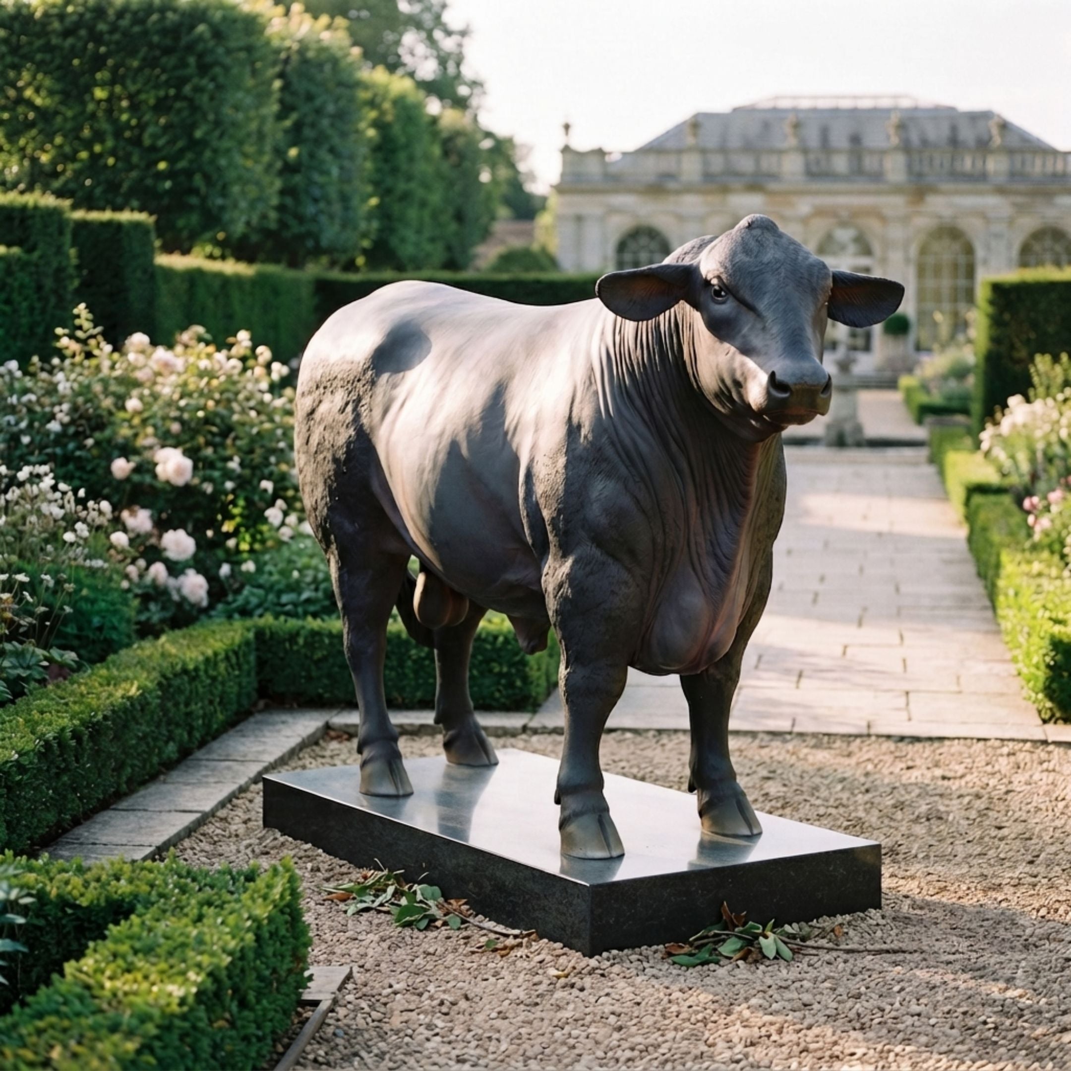 Life-Size Traditional Standing Bull Bronze Sculpture with gold hooves by Giant Sculptures on a black plinth in a formal garden with rose beds.