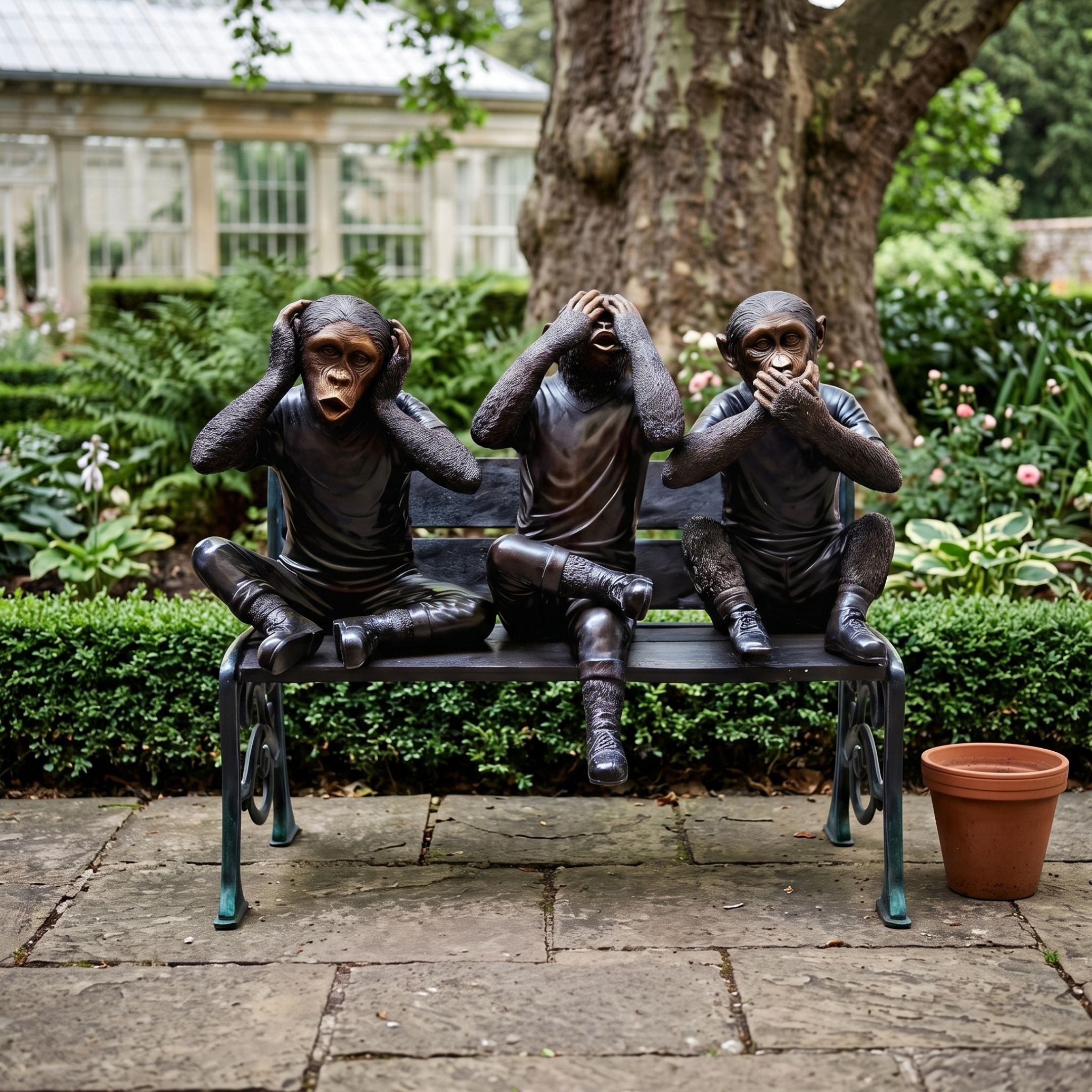 Contemporary Three Wise Monkeys Bronze Sculpture, 100cm, dark bronze chimpanzees seated on a park bench in a garden setting, covering eyes, ears, and mouth.
