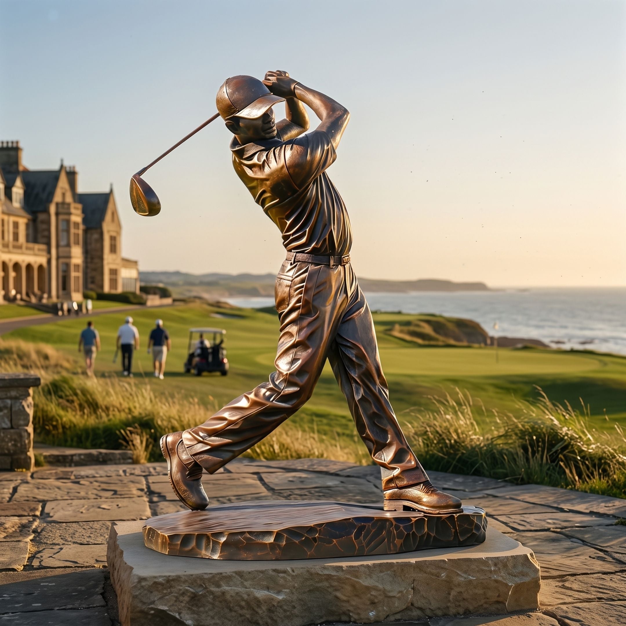 Life-Size Traditional Male Golfer Bronze Sculpture, 220cm, mid-swing follow-through pose on a stone base, displayed outdoors on a golf course overlooking the coastline.