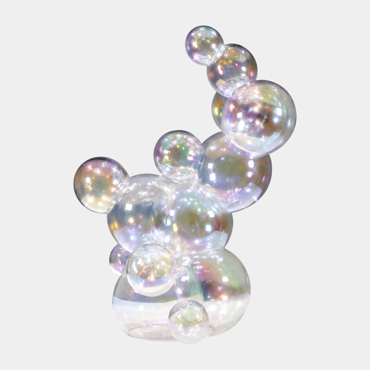Clear Iridescent Bubble Cluster Glass Sculpture, 66–118cm, clustered spheres climbing from a broad base to a curled top, iridescent sheen, on a plain white background.