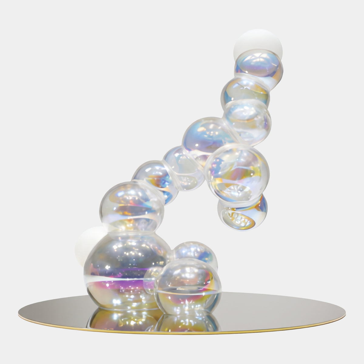 Clear & Gold Iridescent Bubble Arc Acrylic Sculpture, 56cm, with clustered spheres rising into a leaning arc on a mirrored round base, shown against a plain white background.