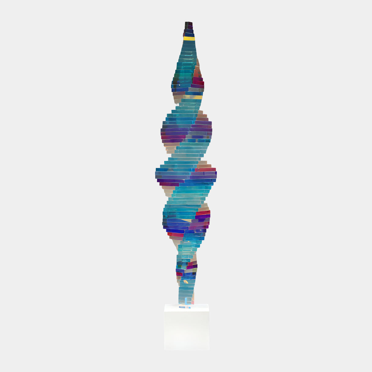 Teal Iridescent Twisting Column Acrylic Sculpture - 120cm, a tall spiraling stack of blue-toned acrylic slices tapering to a point, on a white cube base against a light grey background.
