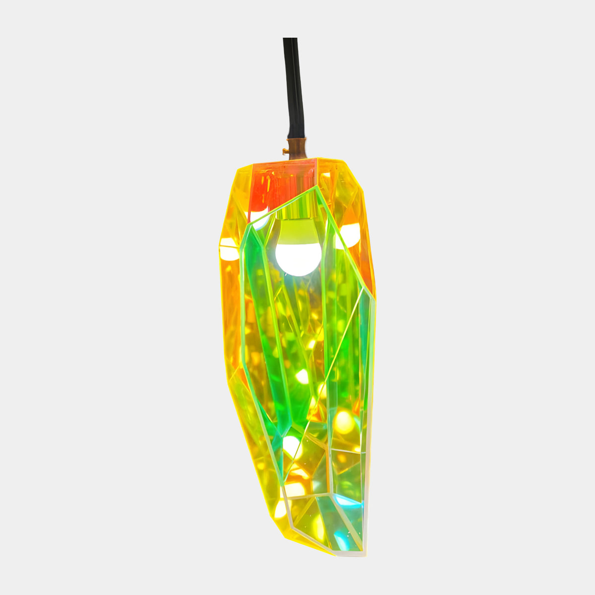 Yellow & Green Faceted Pendant Lamp Acrylic Sculpture, 40cm, a lit geometric shard with amber-orange facets at the head and green facets below, shown on a plain light background.