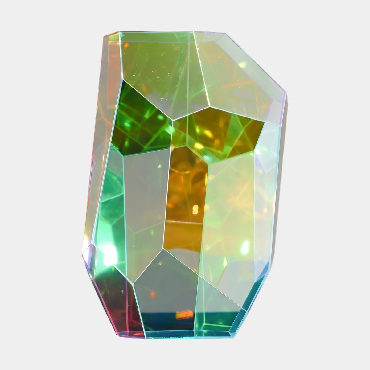 Green & Amber Fractured Ice Gem Acrylic Sculpture - 40cm, faceted geometric block with green and amber interior planes and red flashes, on a plain white background.
