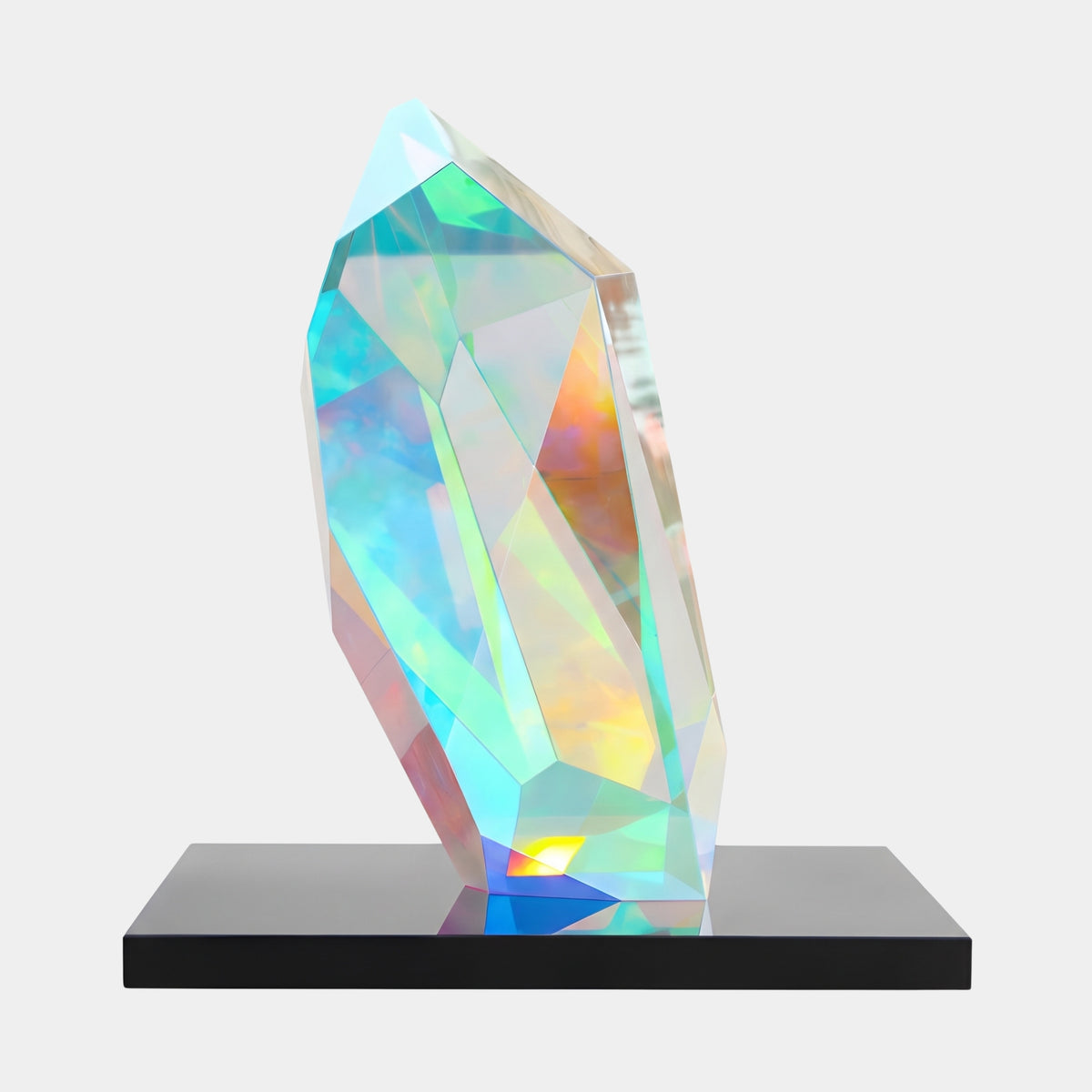 Multi-Colour Faceted Monolith Acrylic Sculpture on Black Base - 155cm, a dichroic crystal-shaped form in aqua, amber and lime tones on a glossy black base, shot on a plain white background.