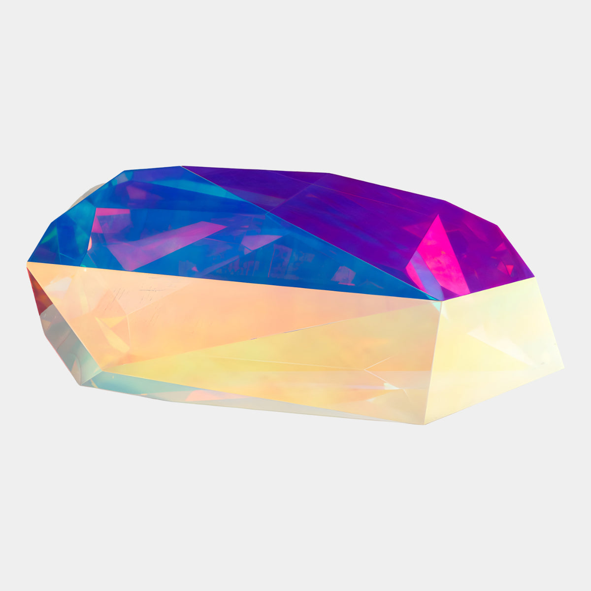 Multi-Colour Reclining Faceted Gem Acrylic Sculpture, 115cm, with blue, violet, and magenta crown facets over pale amber lower planes, on a plain white background.