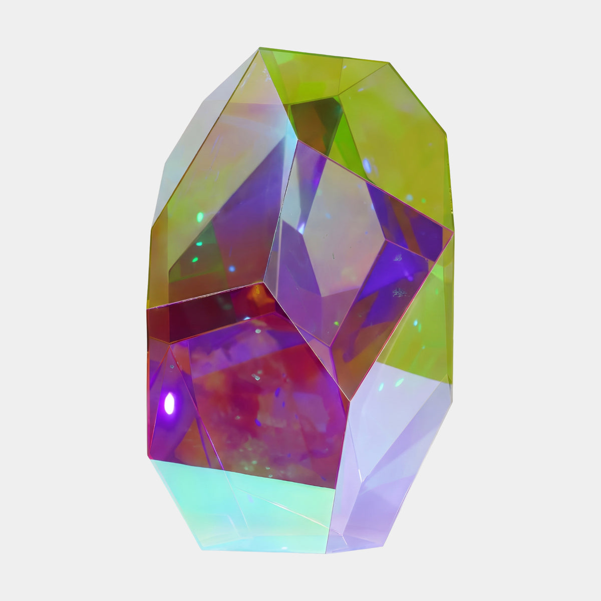 Multi-Colour Upright Faceted Gem Acrylic Sculpture - 88cm by Giant Sculptures, a multi-planed acrylic form in green, violet, magenta, wine red and turquoise, shown on a plain white background.