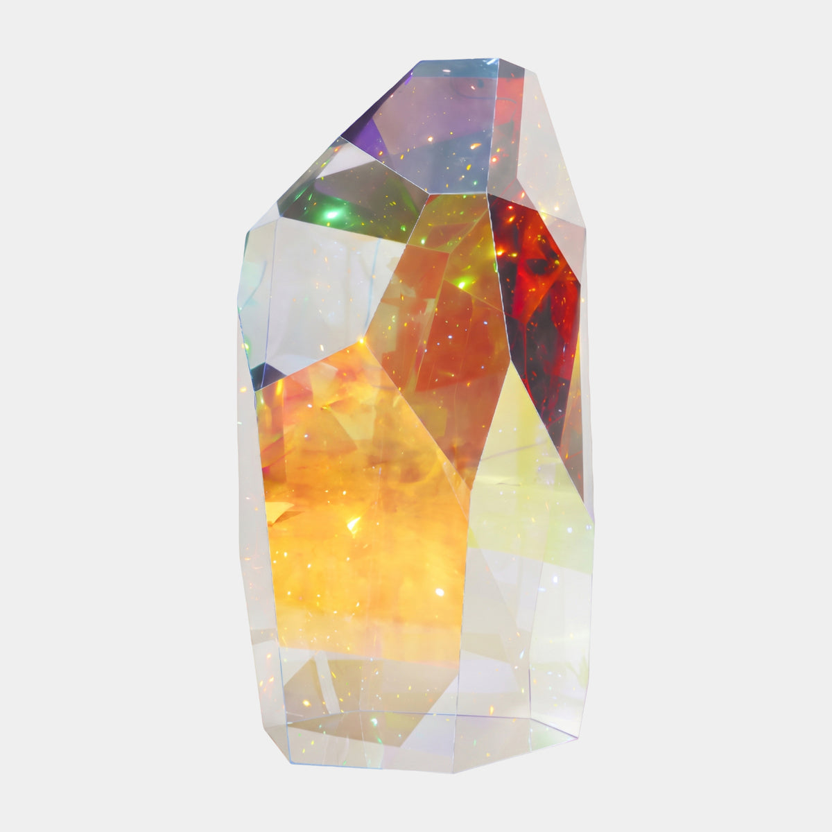 Giant Sculptures Multi-Colour Faceted Monolith Acrylic Sculpture (222cm), an upright gem-cut form with amber, red, green, and violet iridescent facets on a plain white background.