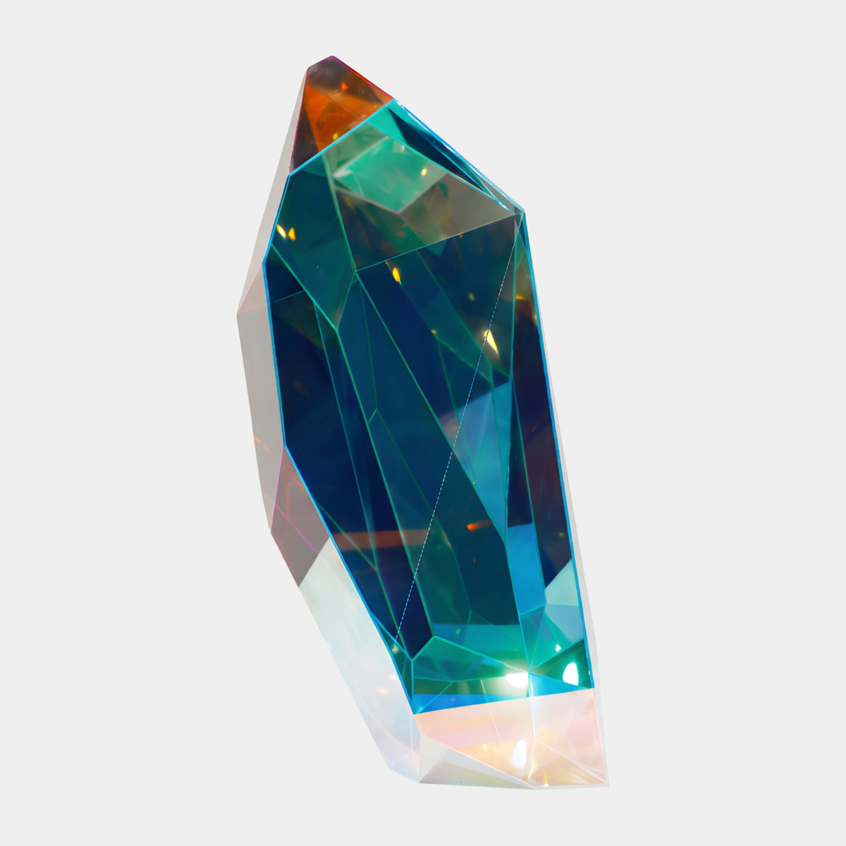 Blue & Green Spined Faceted Gem Acrylic Sculpture (90cm) by Giant Sculptures, a tall faceted form with a central arris, blue-green tones, amber-tipped crown, and pale peach base, shown on a plain white background.