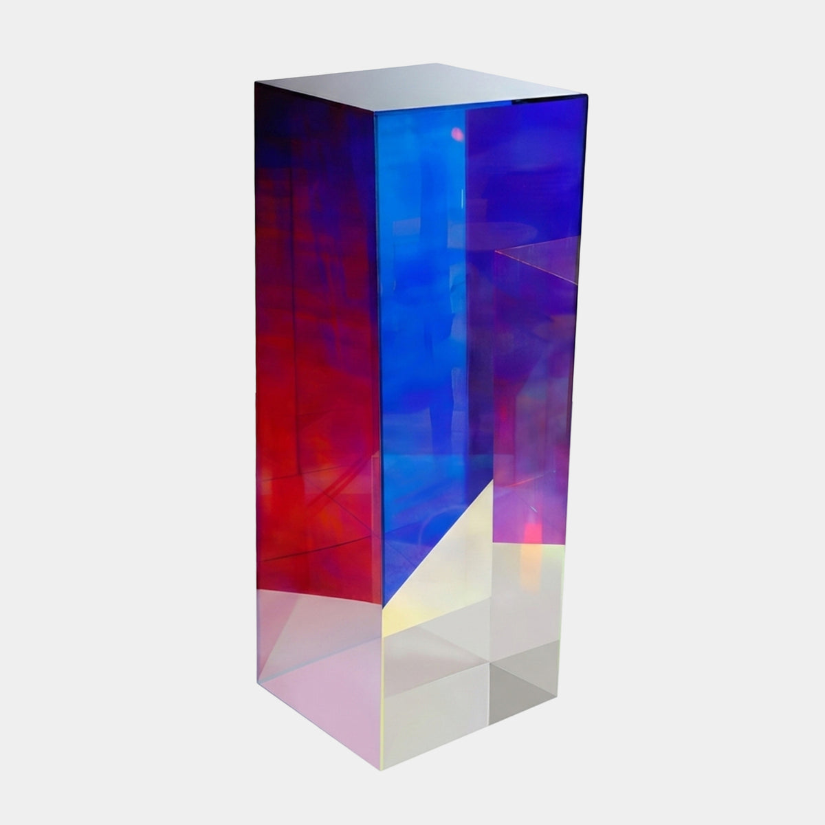 Multi-Colour Iridescent Square Acrylic Display Plinth, 100cm, with blue and violet tones shifting to red and pale gold near the base, shown on a plain white background.