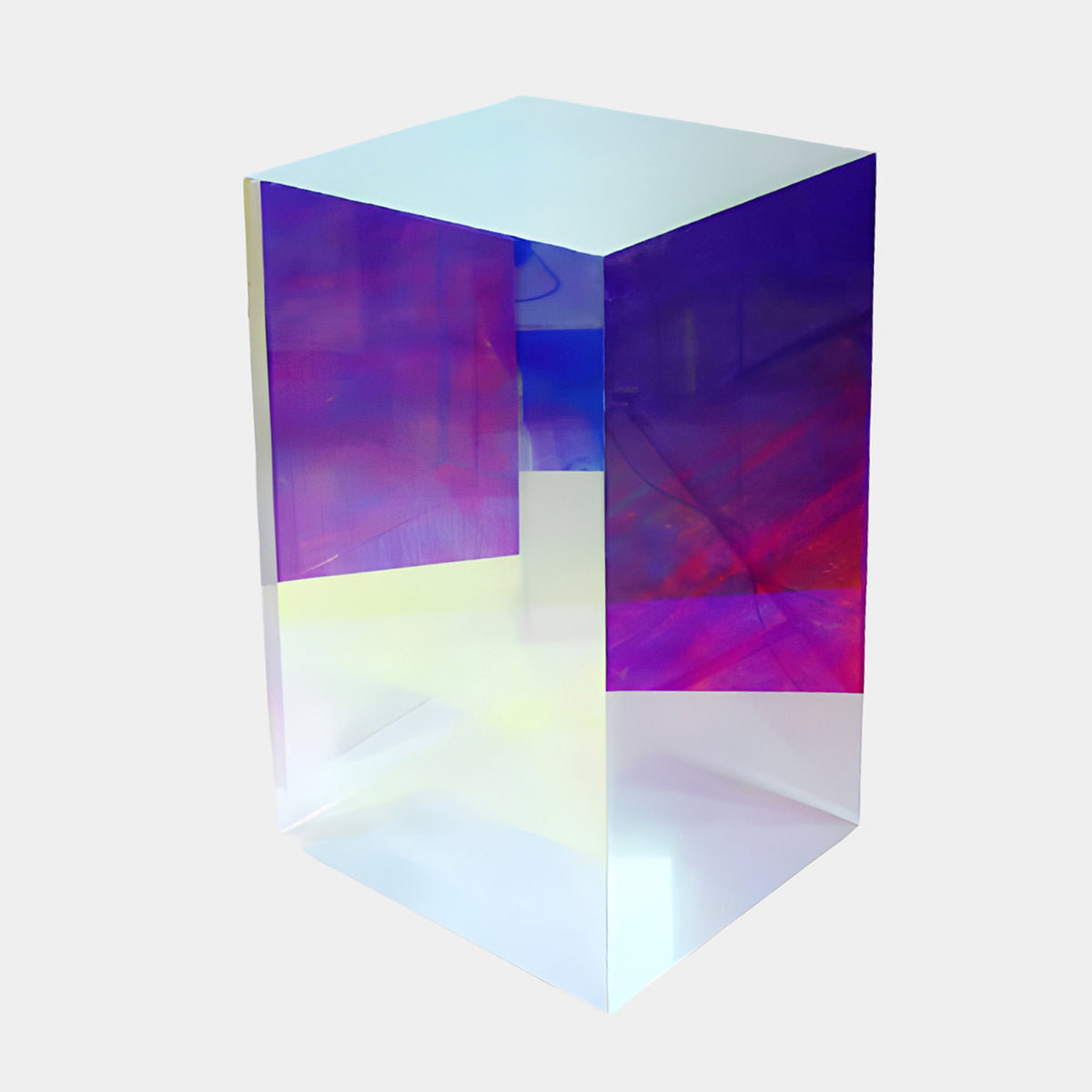 Multi-Colour Iridescent Low Box Acrylic Display Plinth, 55cm, with violet-purple upper faces streaked magenta and red, clearing to pale lemon below, on a plain white background.