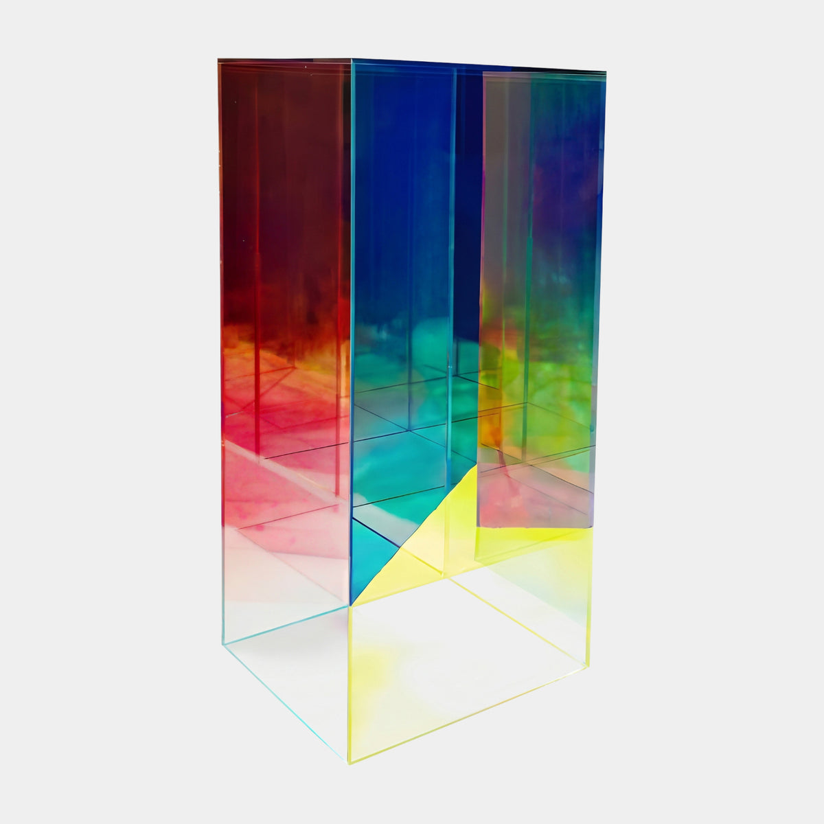 Multi-Colour Iridescent Column Acrylic Display Plinth, 100cm, square acrylic column with iridescent film showing red, blue, teal and yellow hues, on a plain white background.