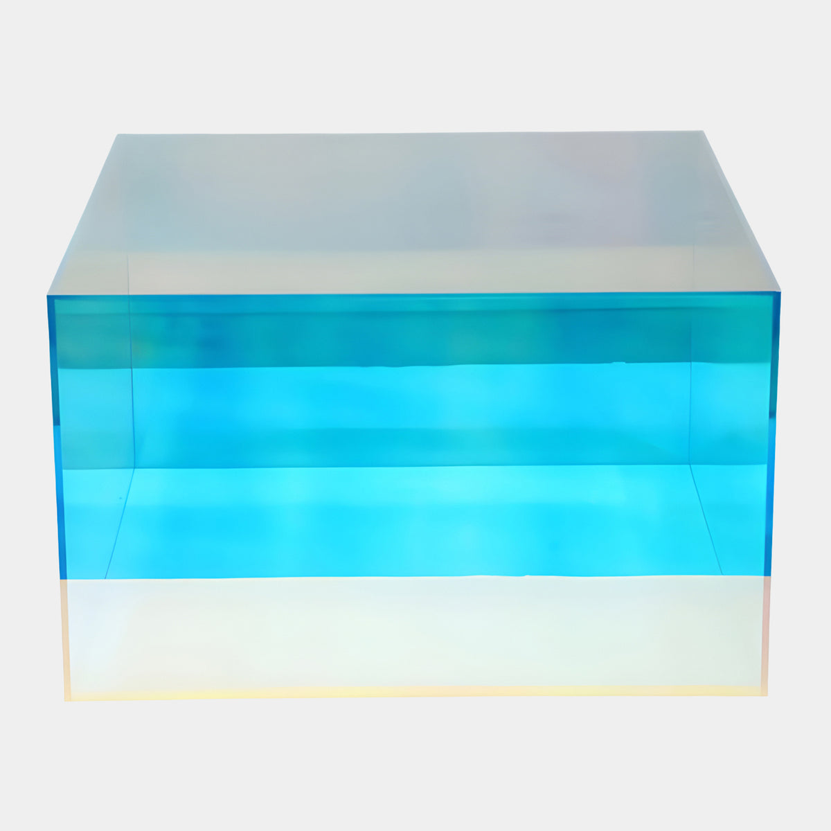 Blue Dichroic Low Square Box Acrylic Sculpture - 50cm, a clear cyan-blue acrylic cube with glowing vertical edges, shown against a plain white background.