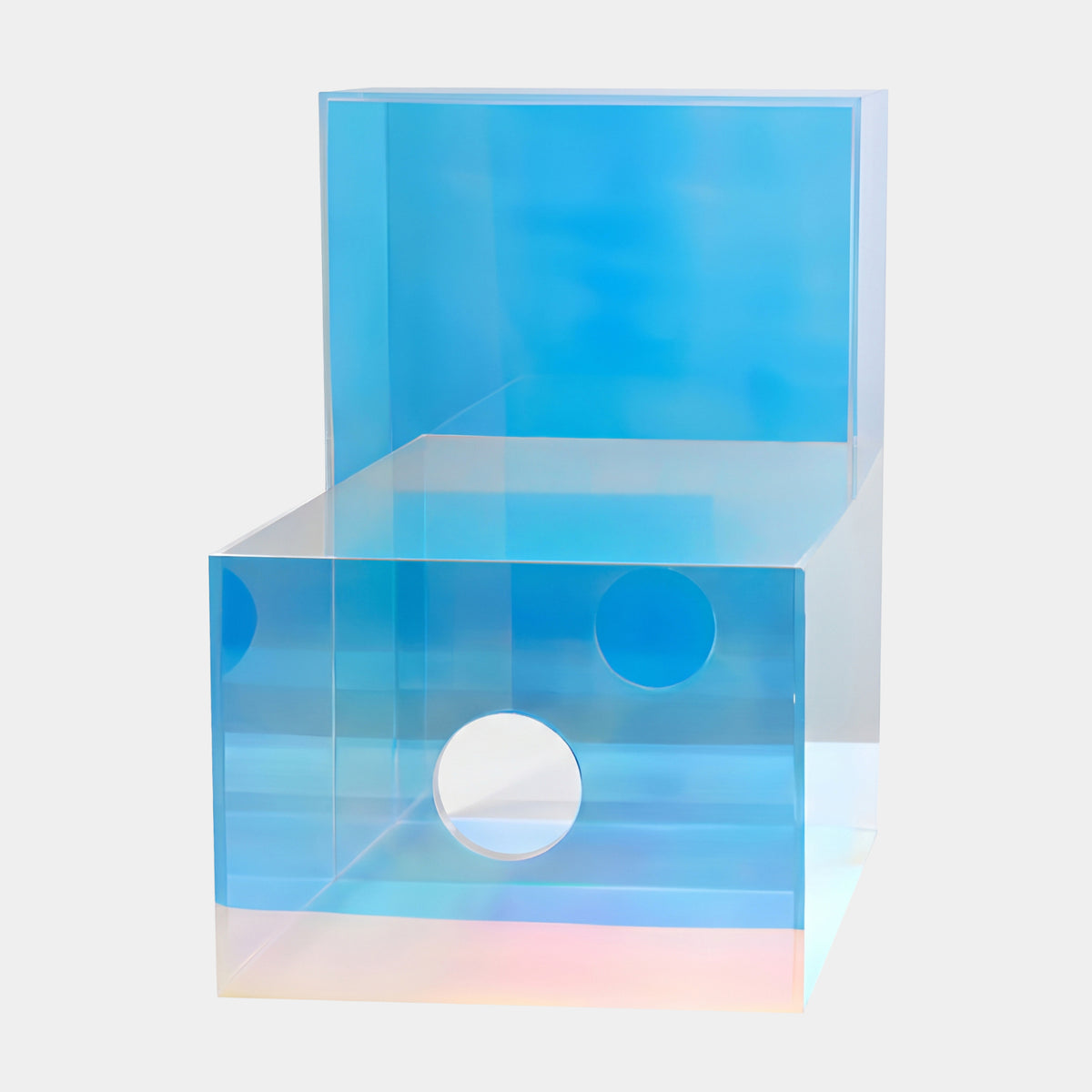 Blue Iridescent Open Box Acrylic Display Stand, 60cm, with tall back panel, round cutout windows, and pink-gold edge sheen, shown on a plain white background.