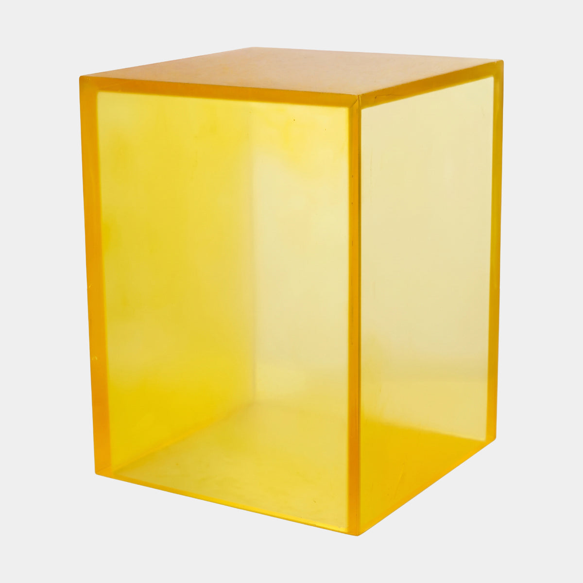 Yellow Frosted Acrylic Display Plinth, 53cm, cube-shaped translucent yellow base with glowing edges, shown on a plain white background.