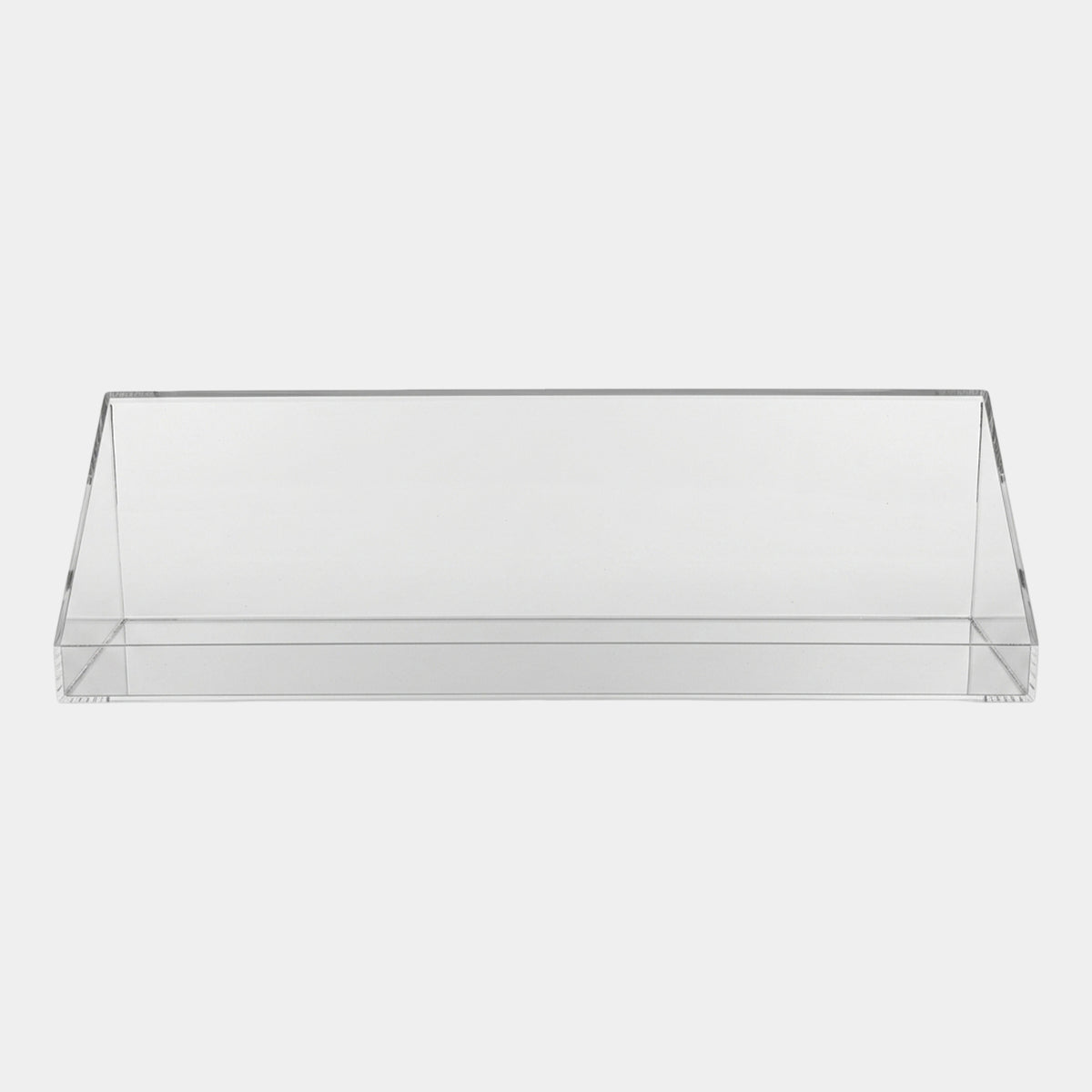 Clear Open-Front Long Acrylic Display Stand, 120cm, with sloping ends, low front lip, and flat floor, shown on a plain white background.