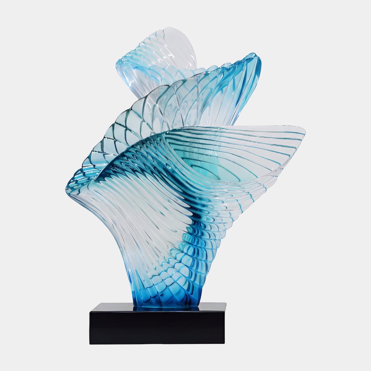 Azure Blue Fanned Spiral Resin Sculpture (63cm) with three ribbed, wing-like fans on a black rectangular base, set against a plain white background.