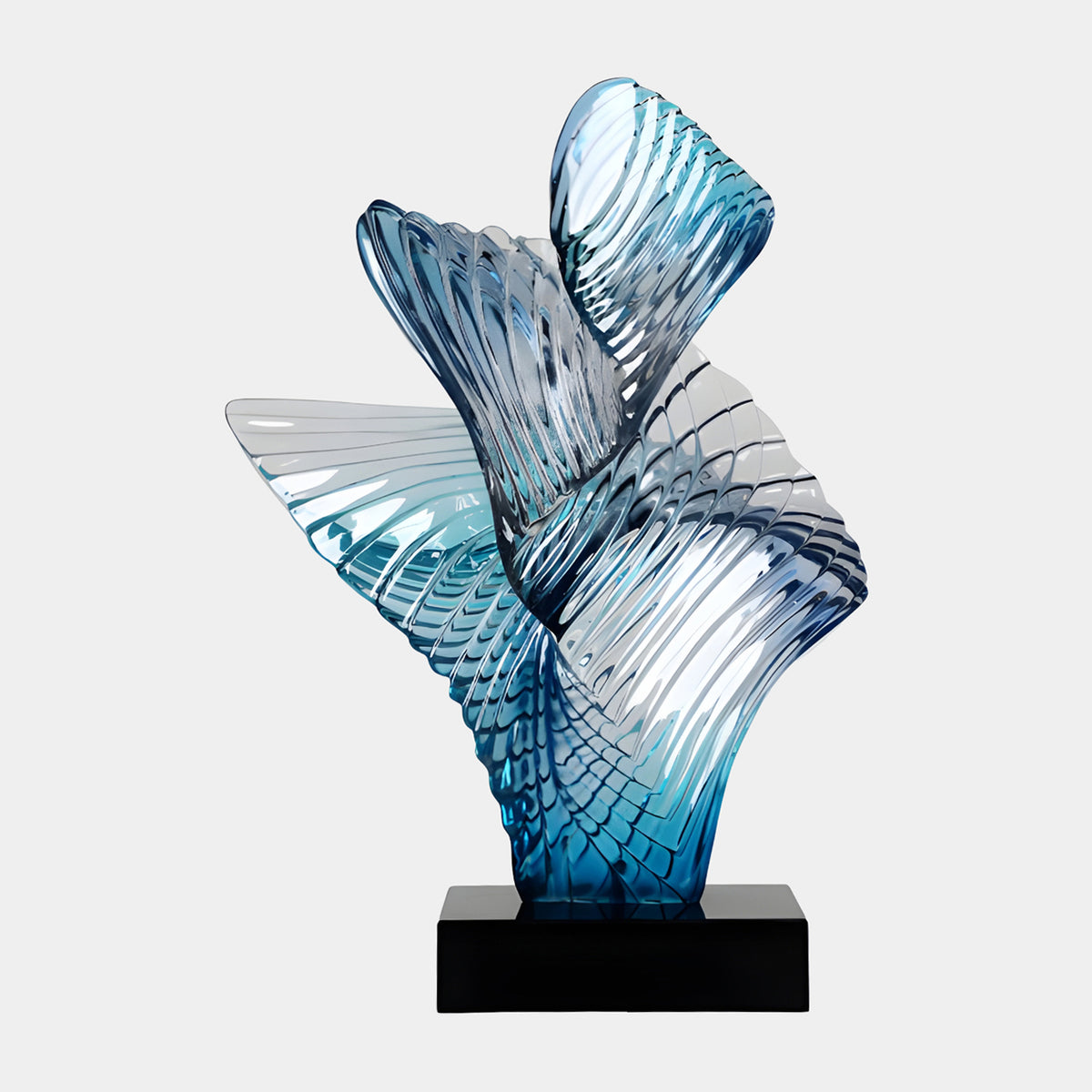Steel Blue Fanned Spiral Resin Sculpture, 63cm, with ribbed fans twisting from deep blue to clear resin, on a black base against a plain white background.