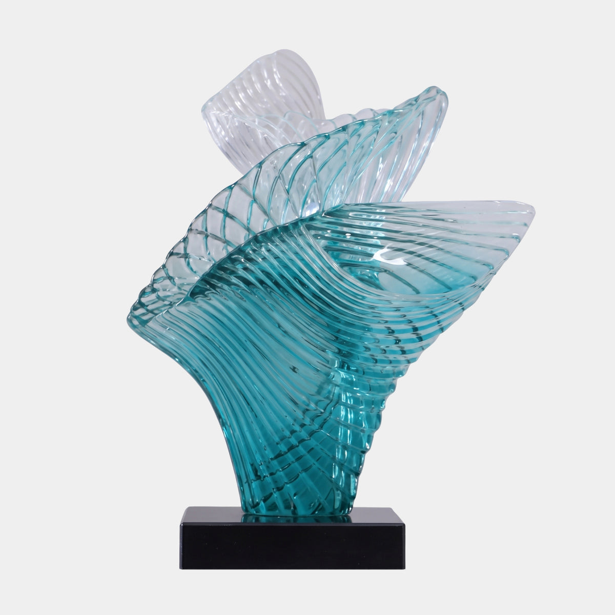Teal Fanned Spiral Resin Sculpture, 63cm, with ribbed fluted fans shading from clear to teal, on a black base against a plain white background.