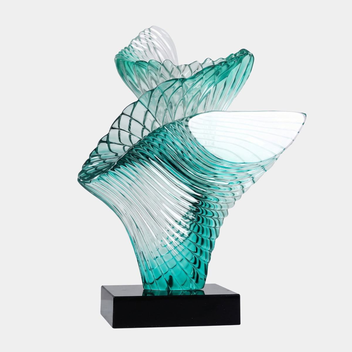 Turquoise Fanned Spiral Resin Sculpture, 63cm, with twisting translucent fans on a black rectangular base against a plain light grey background.