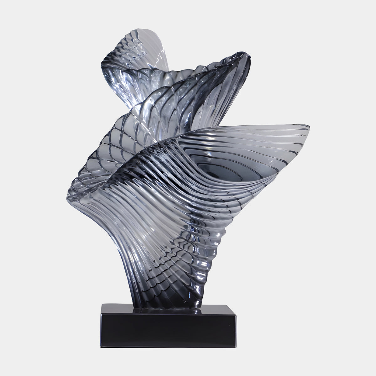 Smoke Grey Fan-Vaned Spiral Resin Sculpture, 61cm, with three wrapping vaned fans on a black base, shown against a plain white background.