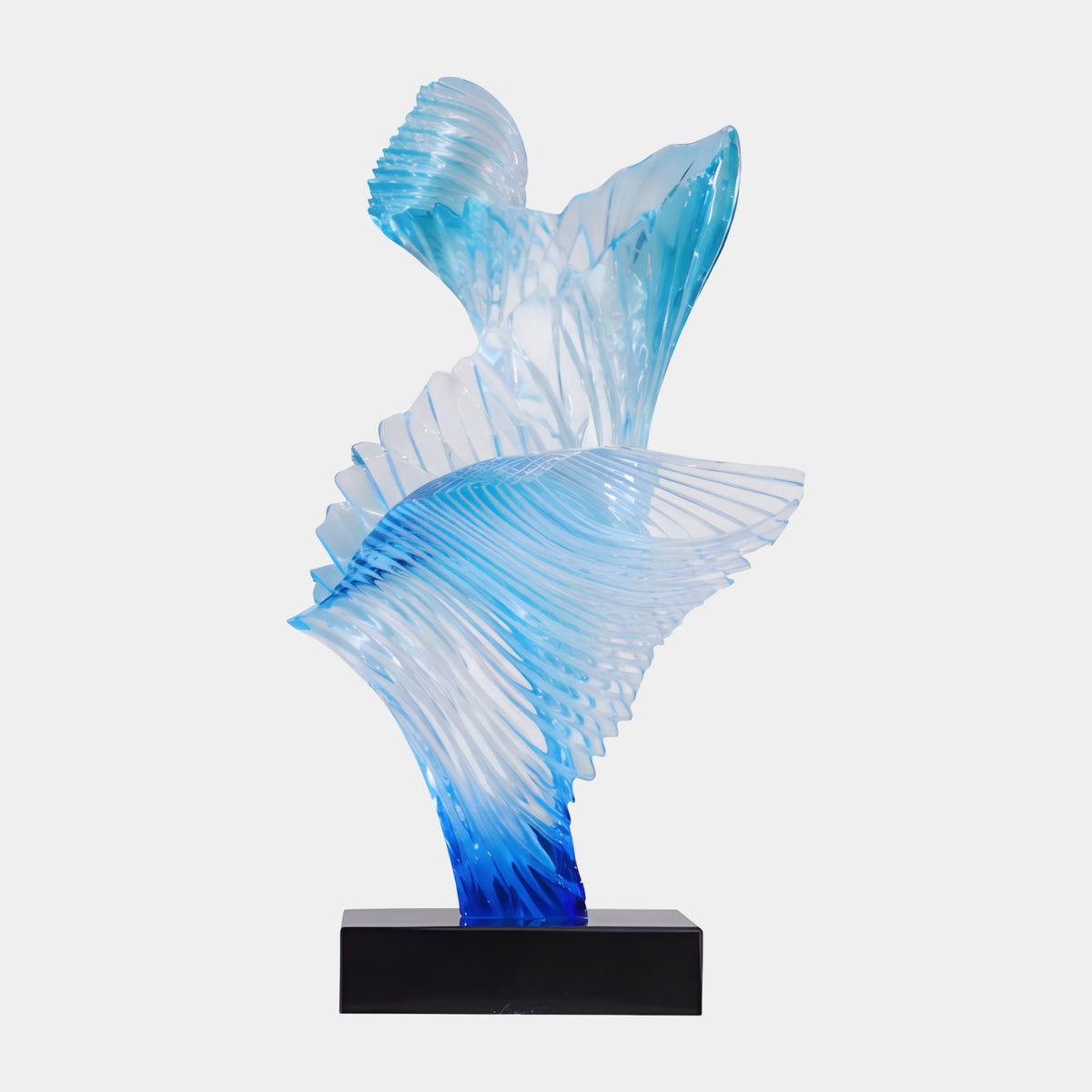 Sky Blue Twin Ribbed Sheet Cast Resin Sculpture, 76cm, with two ribbed fanned sheets rising from a black marble base, set against a plain white background.