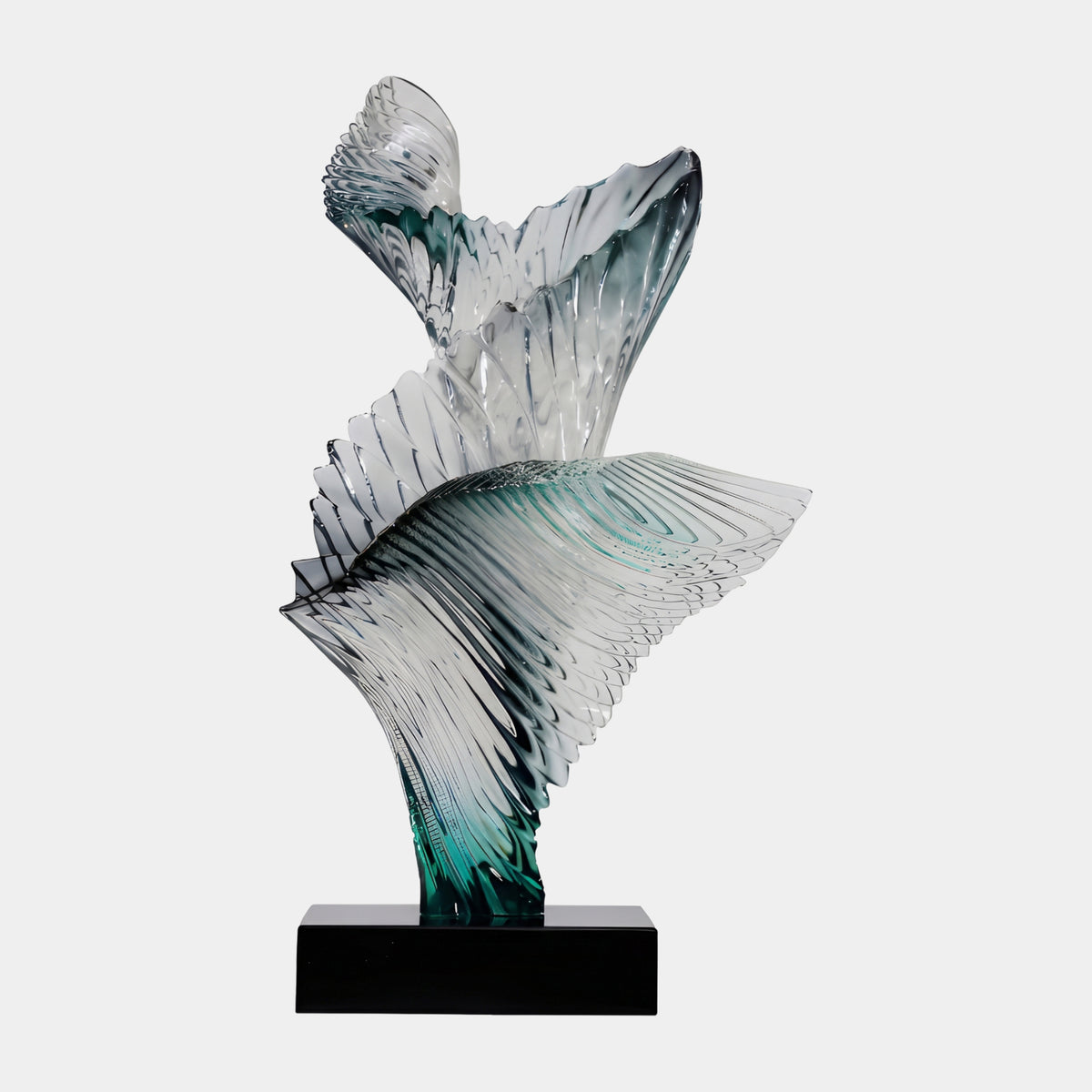 Smoke & Teal Twin Ribbed Sheet Cast Resin Sculpture, 76cm, with two ribbed fan-like forms rising from a teal-shaded stem on a black marble block, set against a plain grey background.