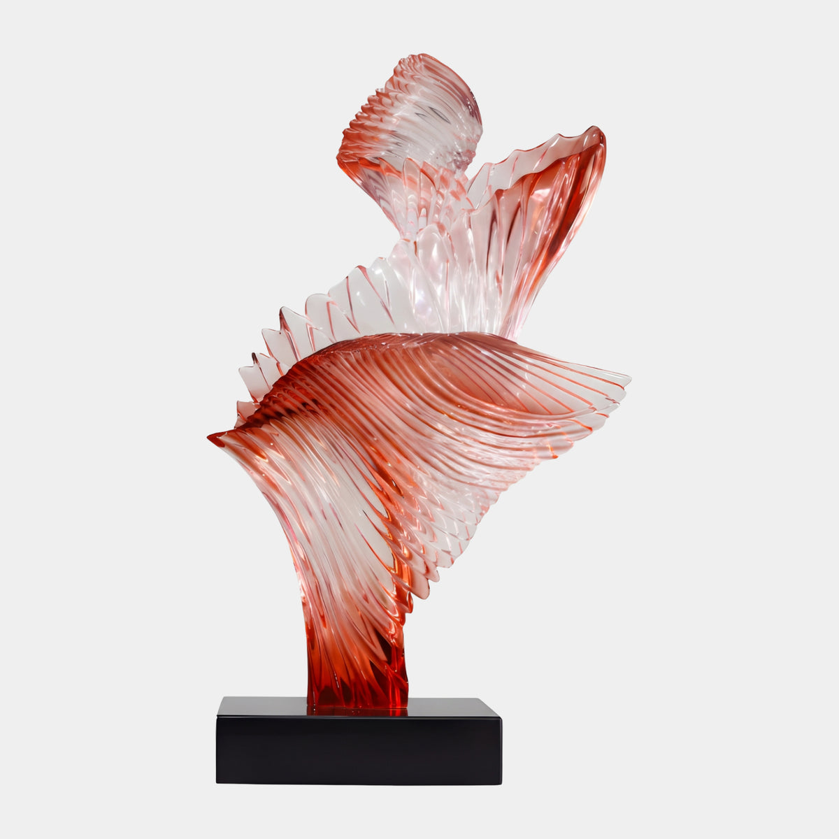 Coral Red Twin Ribbed Sheet Cast Resin Sculpture, 76cm, with ribbed coral-to-red fanned forms rising from a red stem on a black marble base, set against a plain white background.