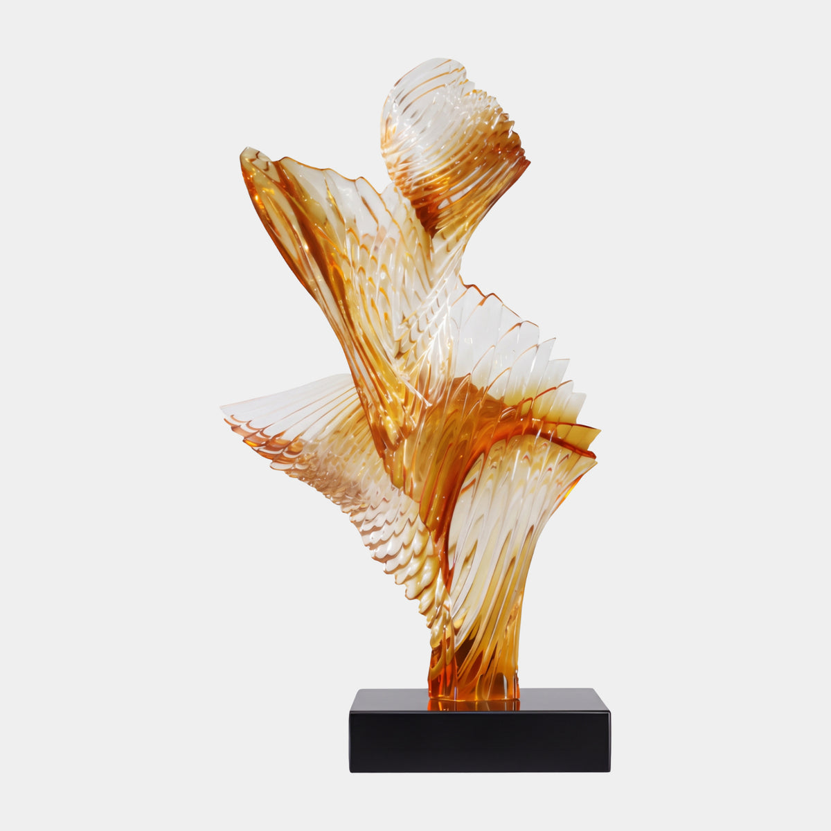 Orange Twin Ribbed Sheet Cast Resin Sculpture, 76cm, rising from a black marble block into two ribbed, flaring forms, shown on a plain white background.