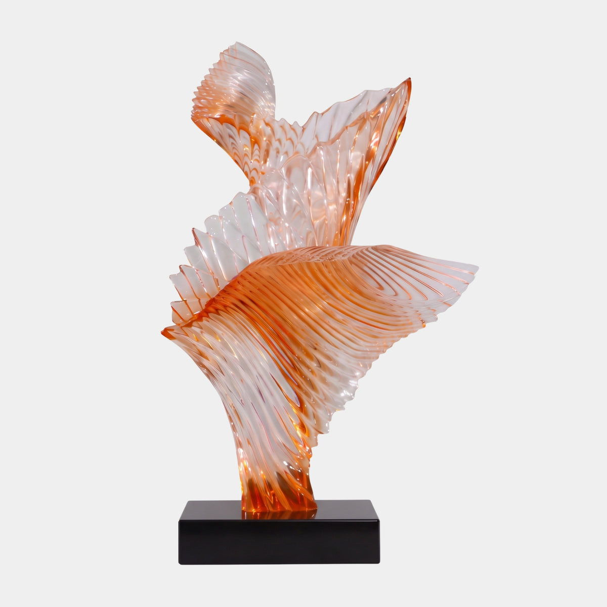 Peach Twin Ribbed Sheet Cast Resin Sculpture, 76cm, with two ribbed fan-like forms rising from a black marble base, shown on a plain white background.