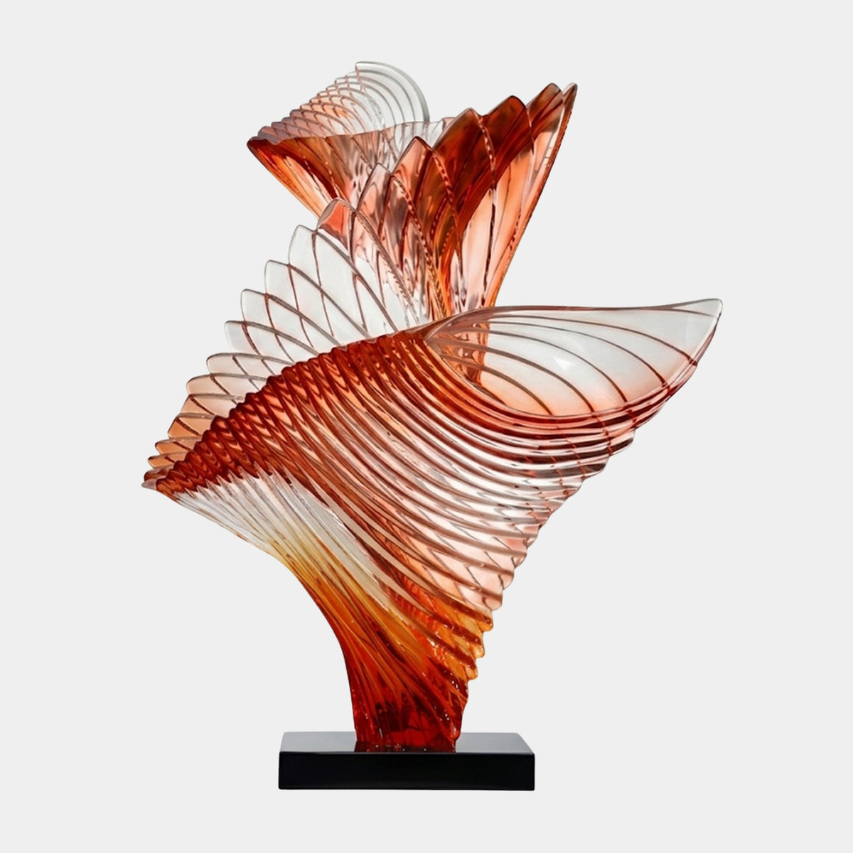 Coral Red Twin Ribbed Furl Cast Resin Sculpture, 110cm, with ribbed fin-like sheets fading from deep red to clear, on a black base against a plain white background.