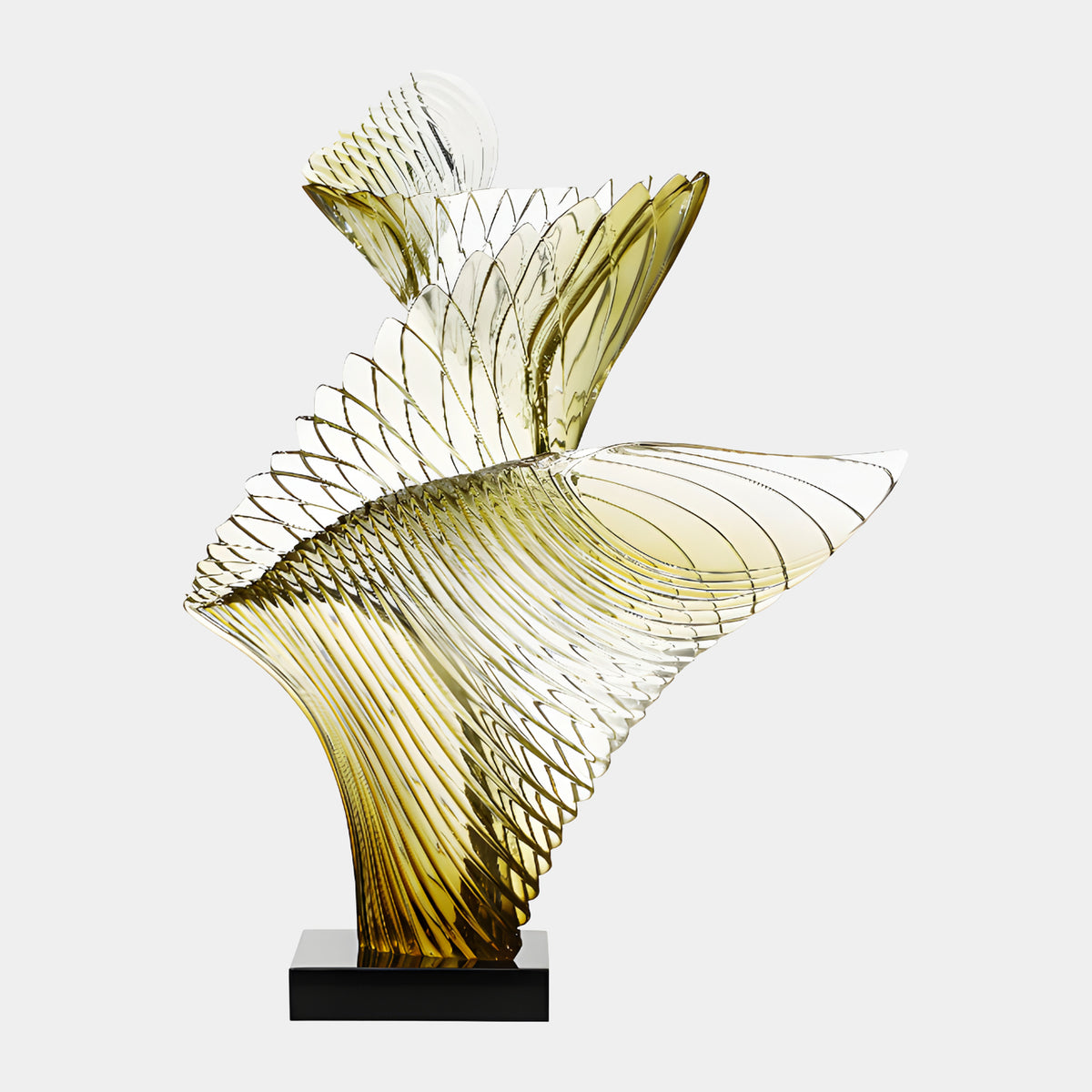 Olive Yellow Twin Ribbed Furl Cast Resin Sculpture, 110cm, with two ribbed wing-like forms fanning upward from a dark base, deep olive at the foot fading to clear, on a plain white background.