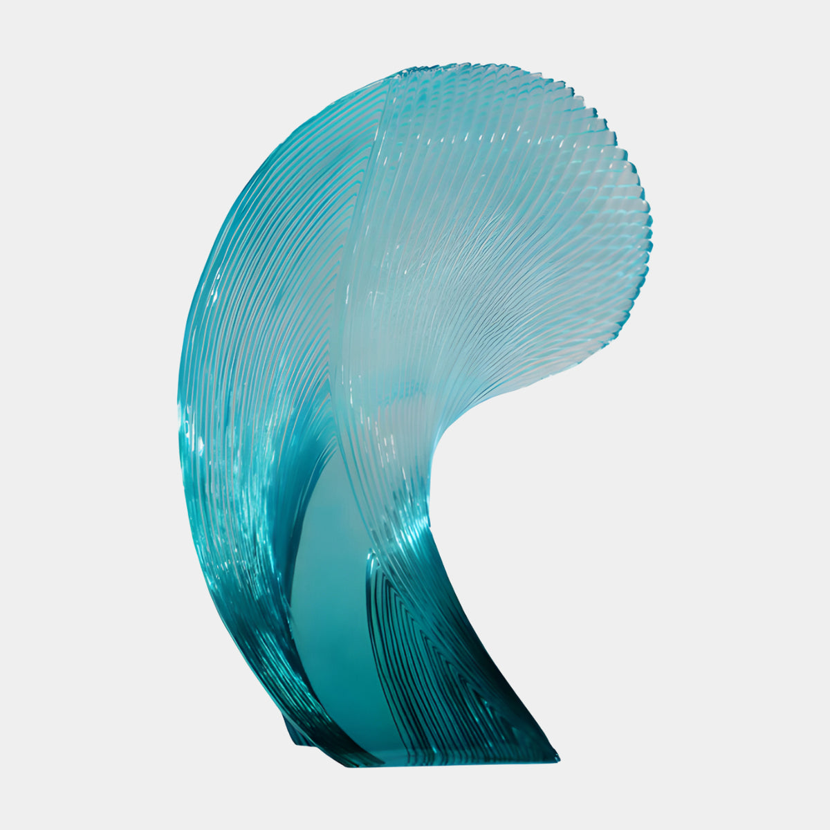 Turquoise Breaking Wave Resin Sculpture - 80cm, curling wave form with fine ribbed texture in turquoise tones, shown on a narrow base against a plain white background.
