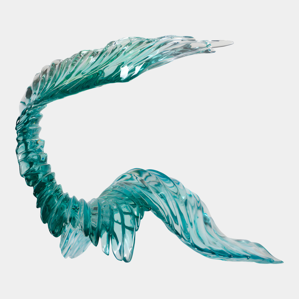 Turquoise Polished Wave Crest Resin Sculpture (66cm) showing a curling wave form with ribbed texture, self-standing, against a plain light grey background.