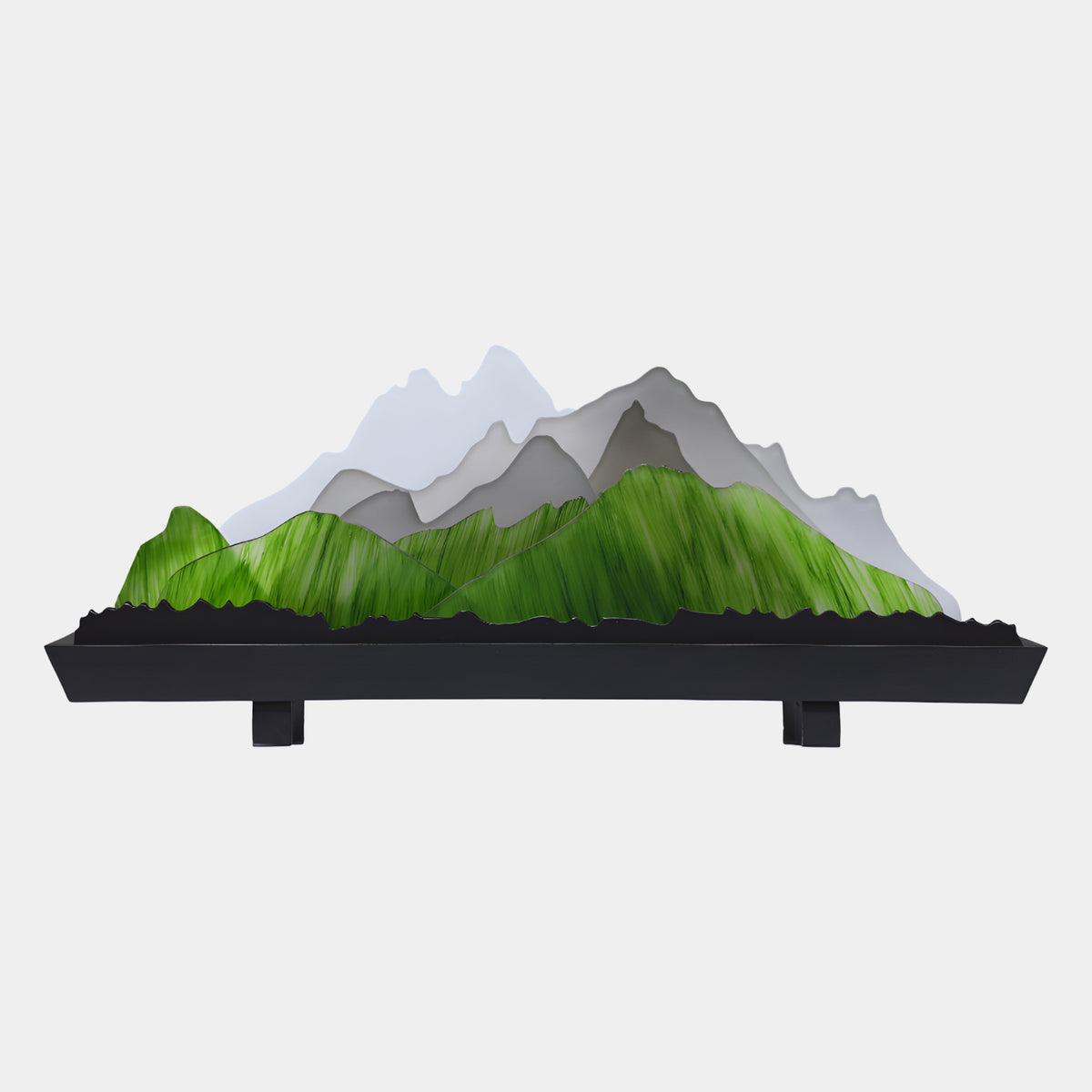 Green & Grey Panel Mountain Acrylic Sculpture - 65cm, layered acrylic peaks in green and grey tones on a black timber tray base, shown on a plain white background.