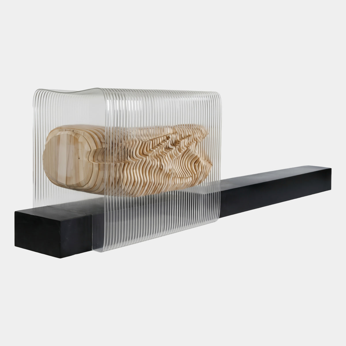 Clear Fin Curtain & Layered Timber Acrylic Sculpture - 370cm, with ribbed acrylic fins encasing a honey-toned layered timber form on a black base, plain background.
