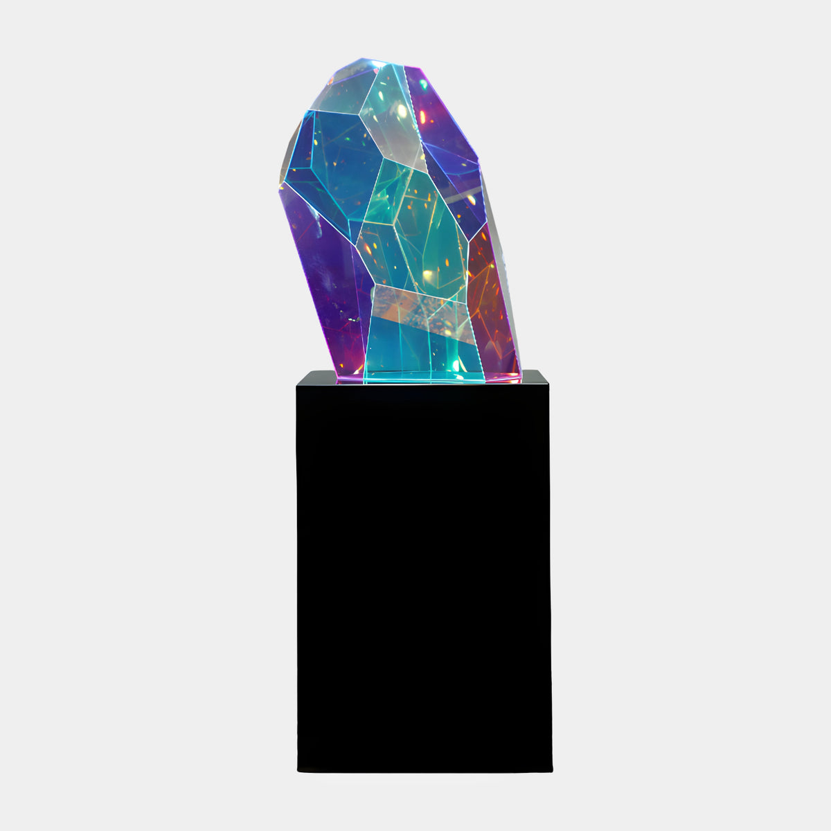 Blue & Violet Faceted Gem on Marble Plinth - 168cm, a dichroic acrylic sculpture in blue, teal and violet on a tall black marble plinth, shown against a plain white background.