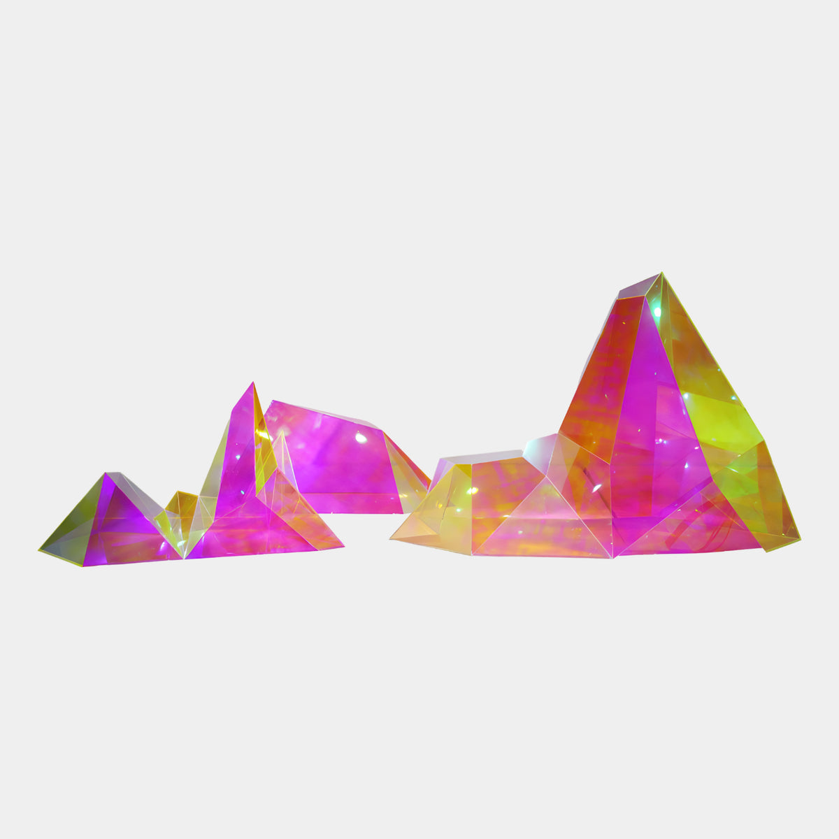 Magenta & Amber Faceted Peak Acrylic Sculpture Set of Three - 140cm by Giant Sculptures, iridescent pink, magenta and amber peaks forming a mountain-like landscape on a plain white background.