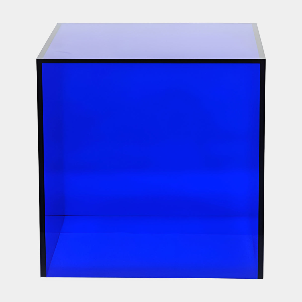Cobalt Blue Hollow Box Acrylic Cube Sculpture - 40cm, a translucent blue five-sided cube with dark edge lines, shown against a plain white background.