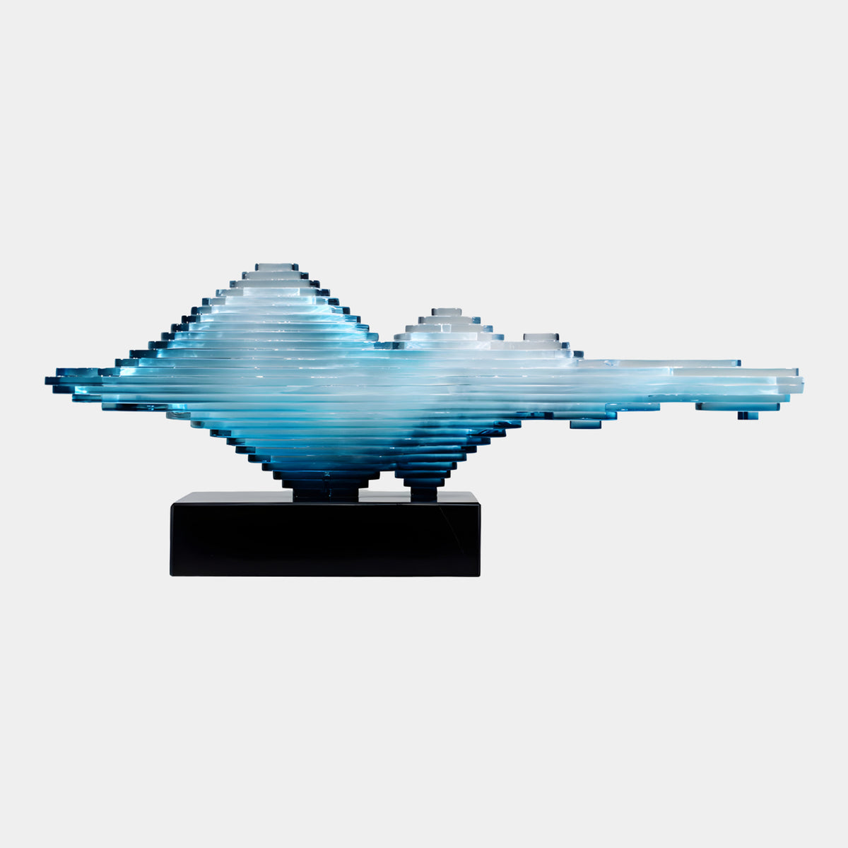 Blue Mirrored Peak Stack Acrylic Sculpture - 64cm, layered acrylic mountain range in blue and clear tones on a black base, set against a plain white background.
