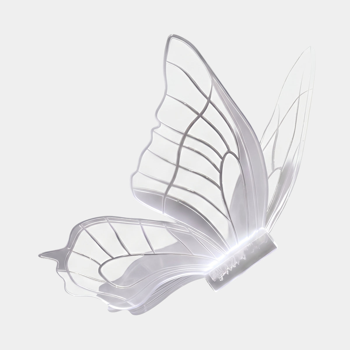 White Veined Wing Butterfly Acrylic Sculpture, 74cm, clear wings with engraved vein detail angled upward, shown on a plain white background.