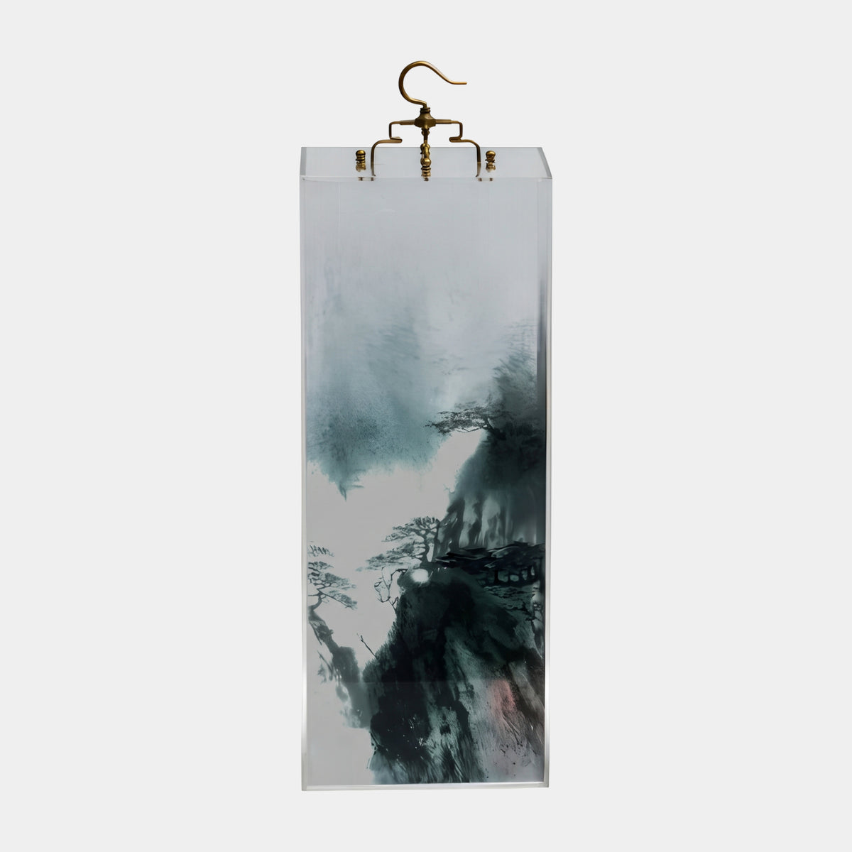 Clear Ink Landscape Acrylic Column Sculpture, 72cm, with ink-wash pines and cliff imagery inside clear acrylic, topped by a brass hook, on a plain white background.