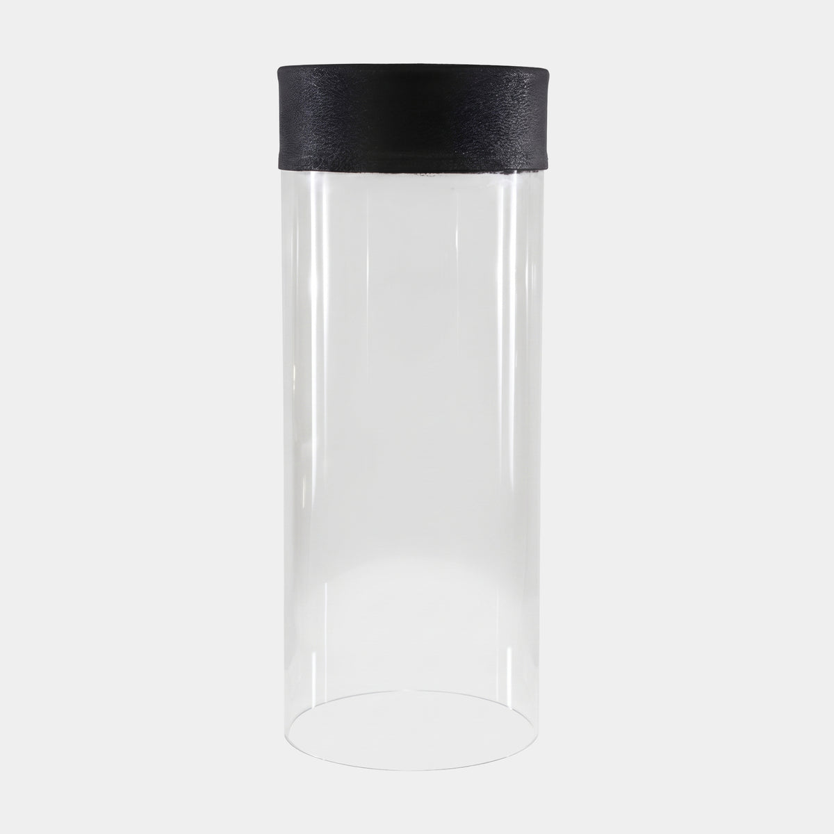 Clear Cylinder Acrylic Display Plinth with Black Top - 64cm, a transparent acrylic tube topped with a textured black band, shown against a plain light grey background.
