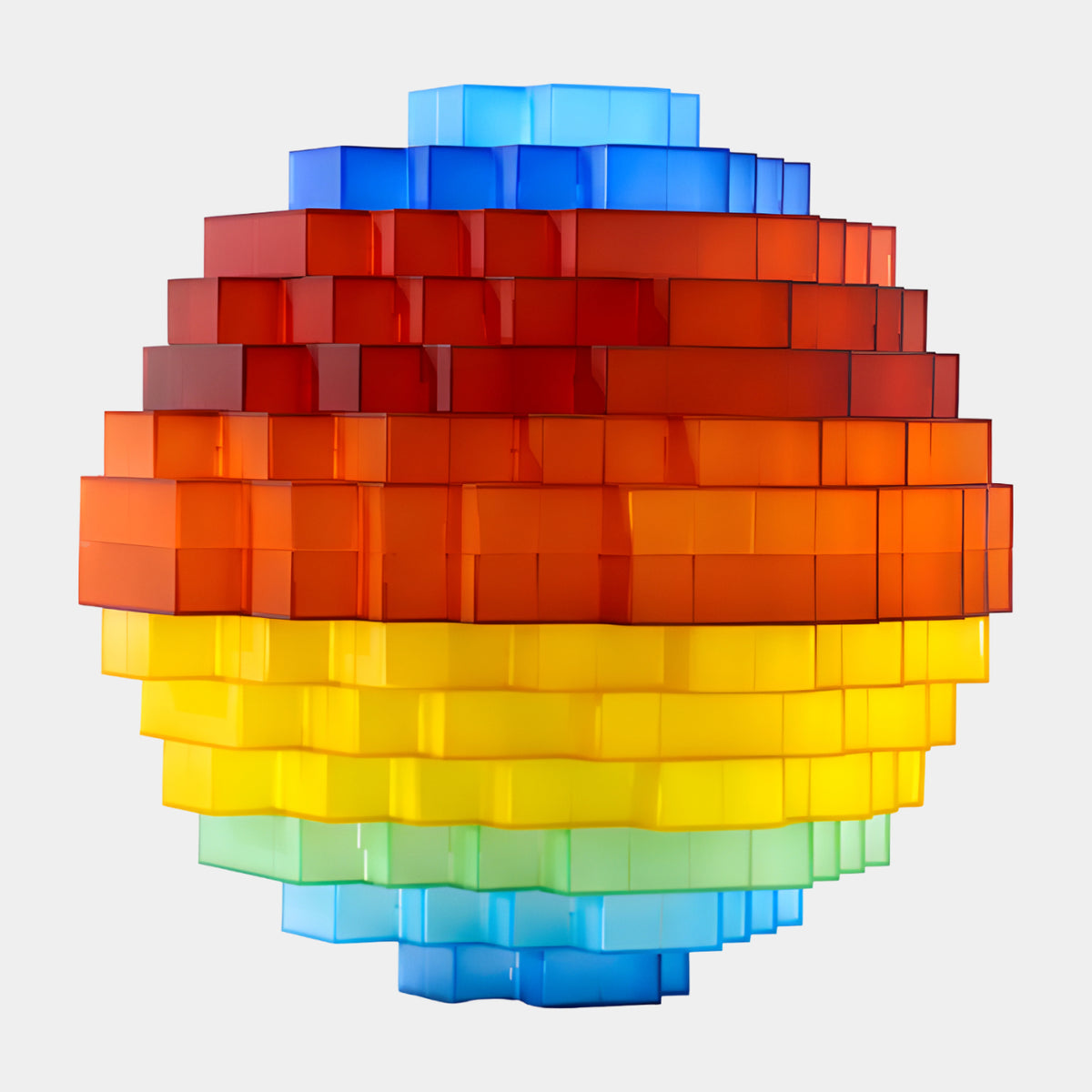 Multi-Colour Blockwork Sphere Acrylic Sculpture (50cm) by Giant Sculptures, stacked rectangular blocks in blue, red, orange, yellow and green bands forming a sphere, on a plain white background.