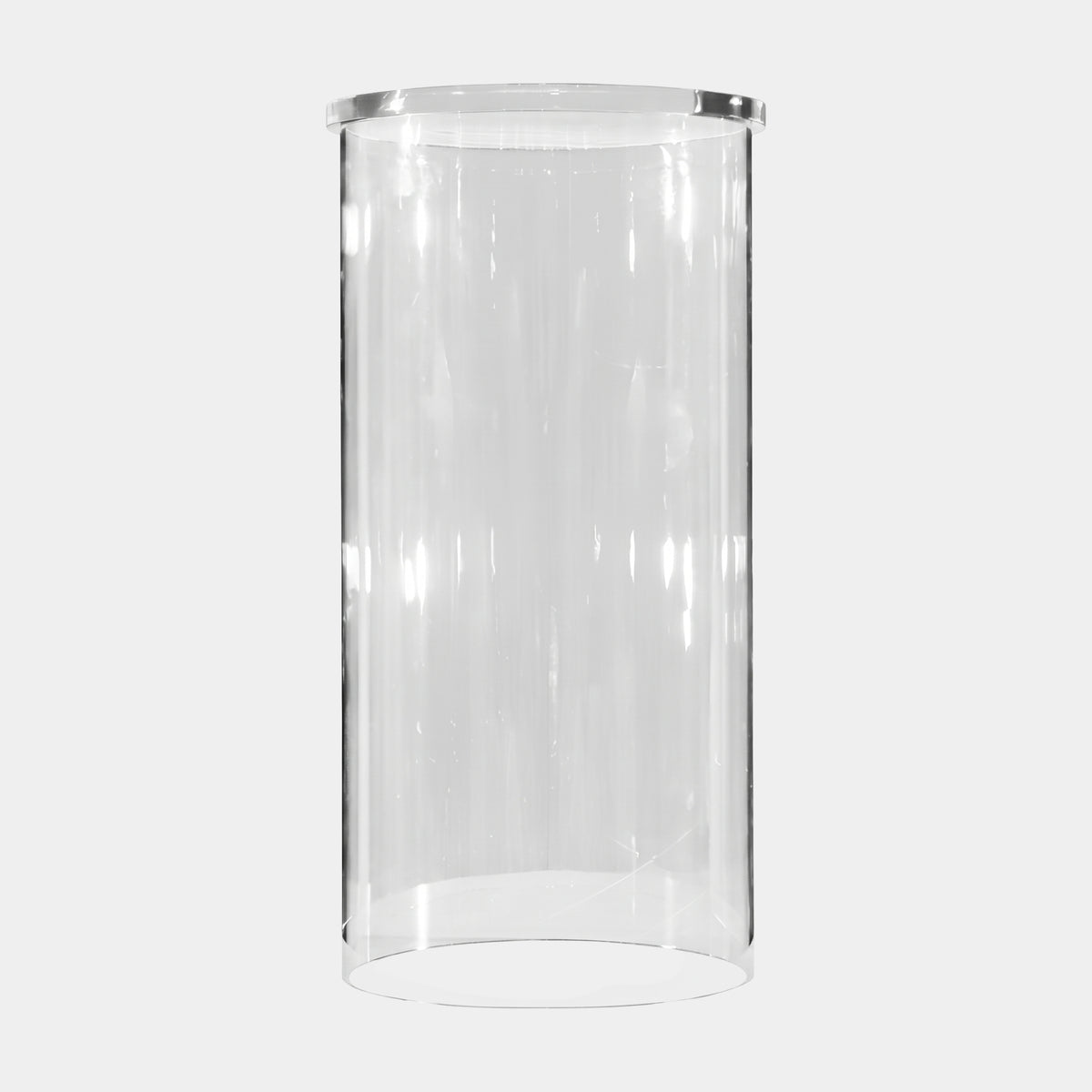 Clear Rimmed Cylinder Acrylic Sculpture - 75cm, a smooth transparent acrylic cylinder with a flat rimmed top edge, shown against a plain white background.