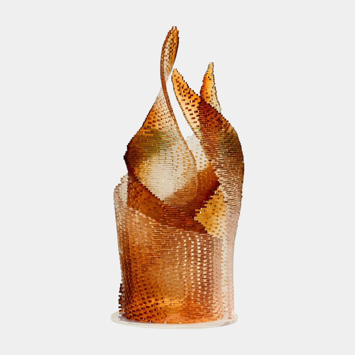 Amber Tiled Flame Column Resin Sculpture, 145cm, with a tiled cylindrical base splitting into three flame-like twisting points, shown on a plain white background.