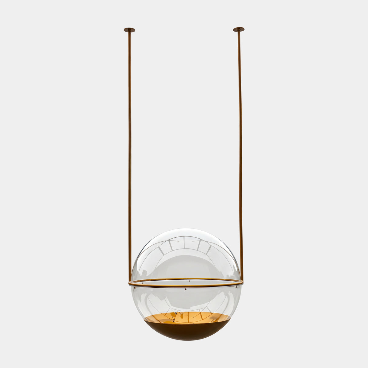 Clear Hanging Pod Acrylic Sculpture on Metal Rods, 223cm, a clear glass sphere with brown base suspended by two slim bronze rods against a plain white background.
