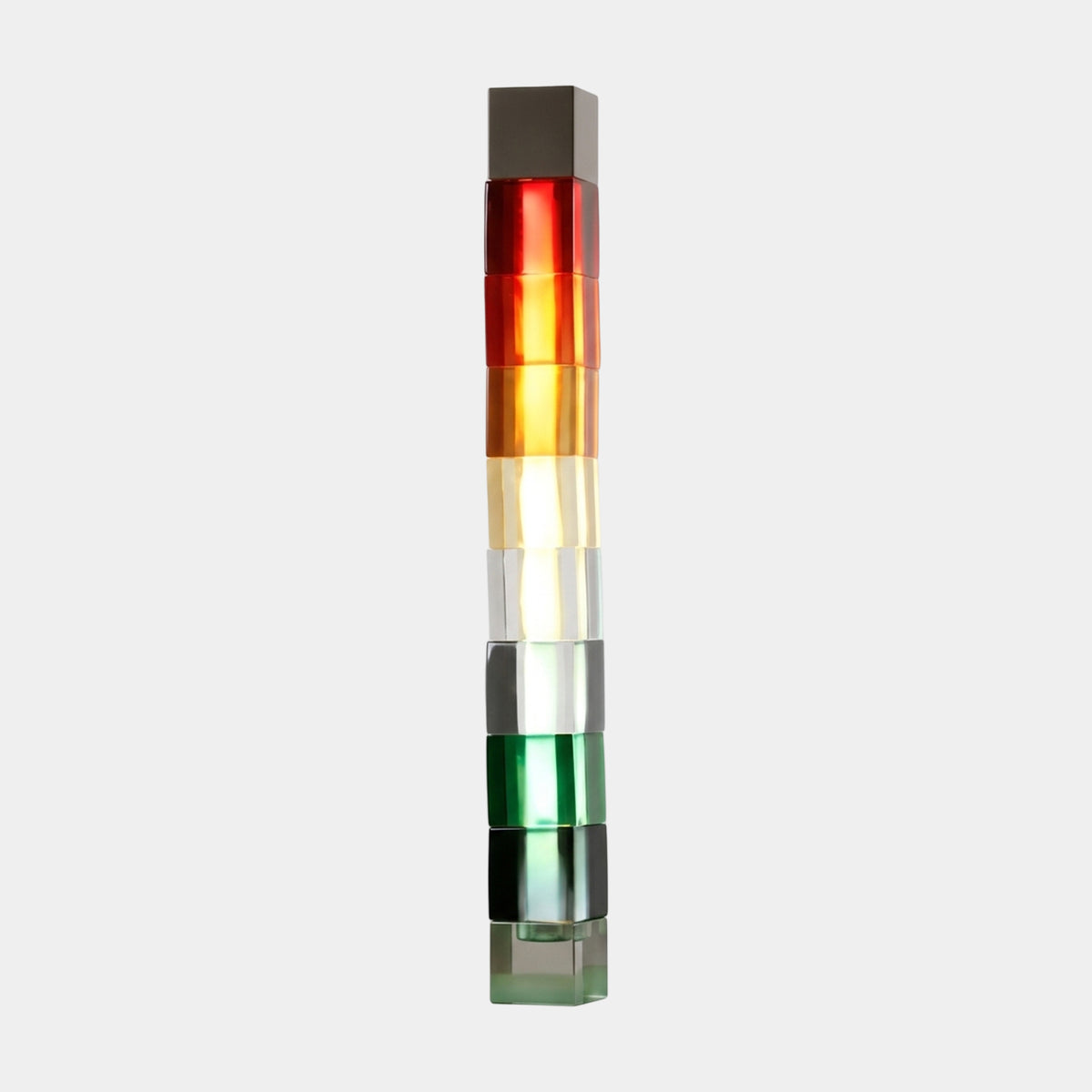 Multi-Colour Stacked Block Acrylic Column Sculpture, 40cm, with a dark steel cap atop red, orange, amber, clear, grey and green acrylic blocks, shown against a plain white background.