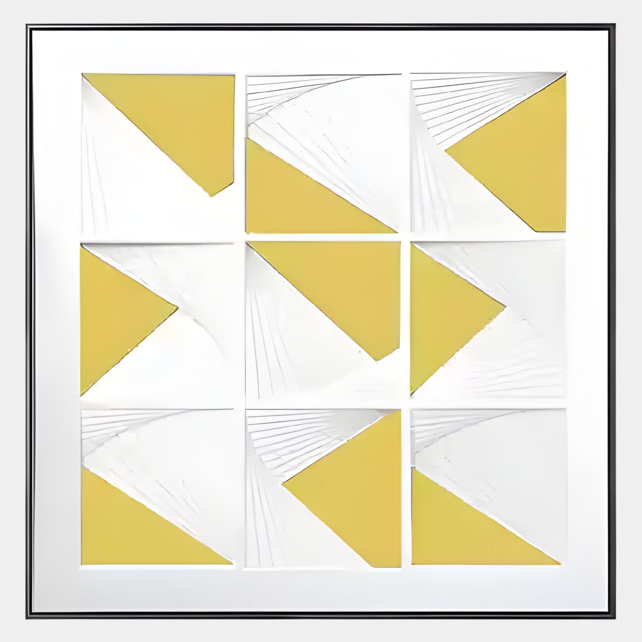 Prismatics Yellow Geometric Cardboard Carving Wall Art by Giant Sculptures features a grid of nine squares, each with a yellow triangle and folded white paper for subtle lines and shadows in an elegant Aluminium Alloy Frame.